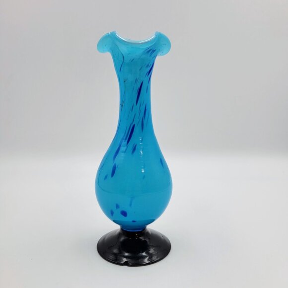 Vintage Blown Art Glass Bud Vase Blue Confetti Splatter Black Pedestal Bottom - Picture 5 of 12